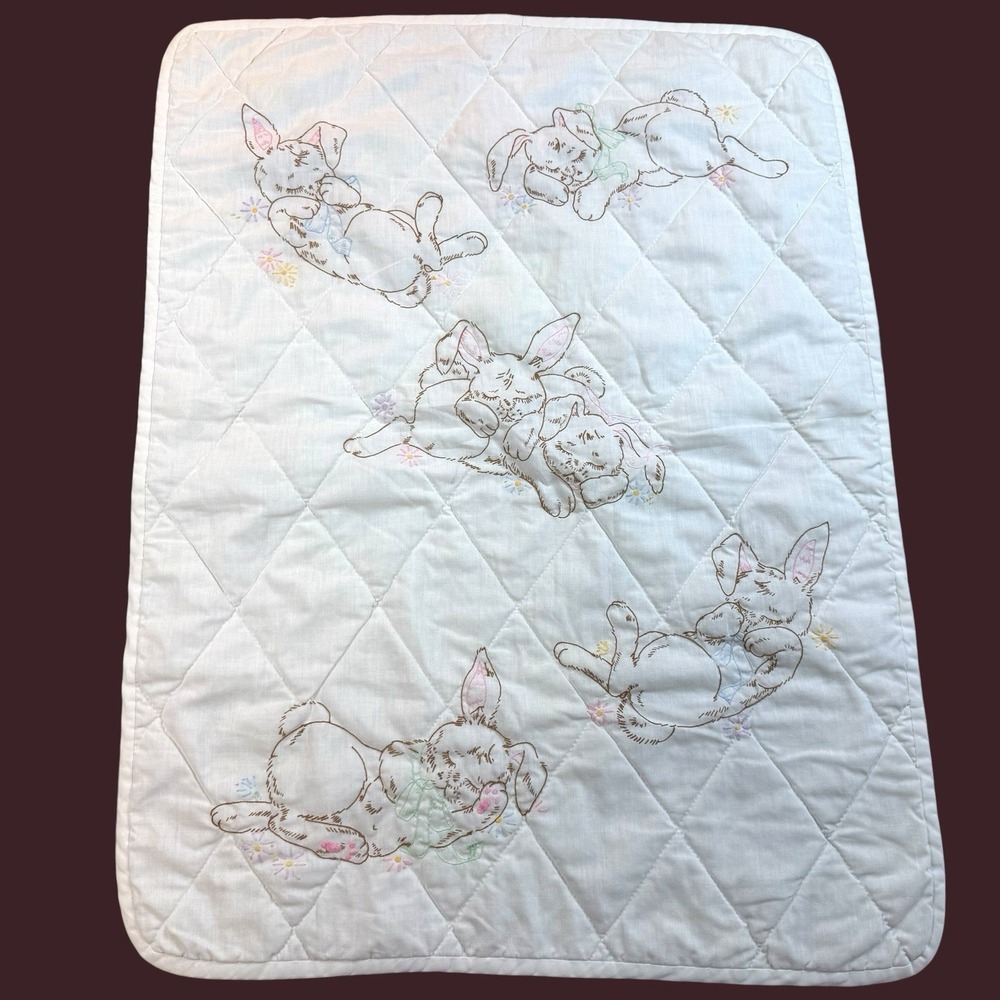 Vintage Baby Quilt Sleeping Bunnies Embroidered Crib Blanket Nursery 25x 32 1/2